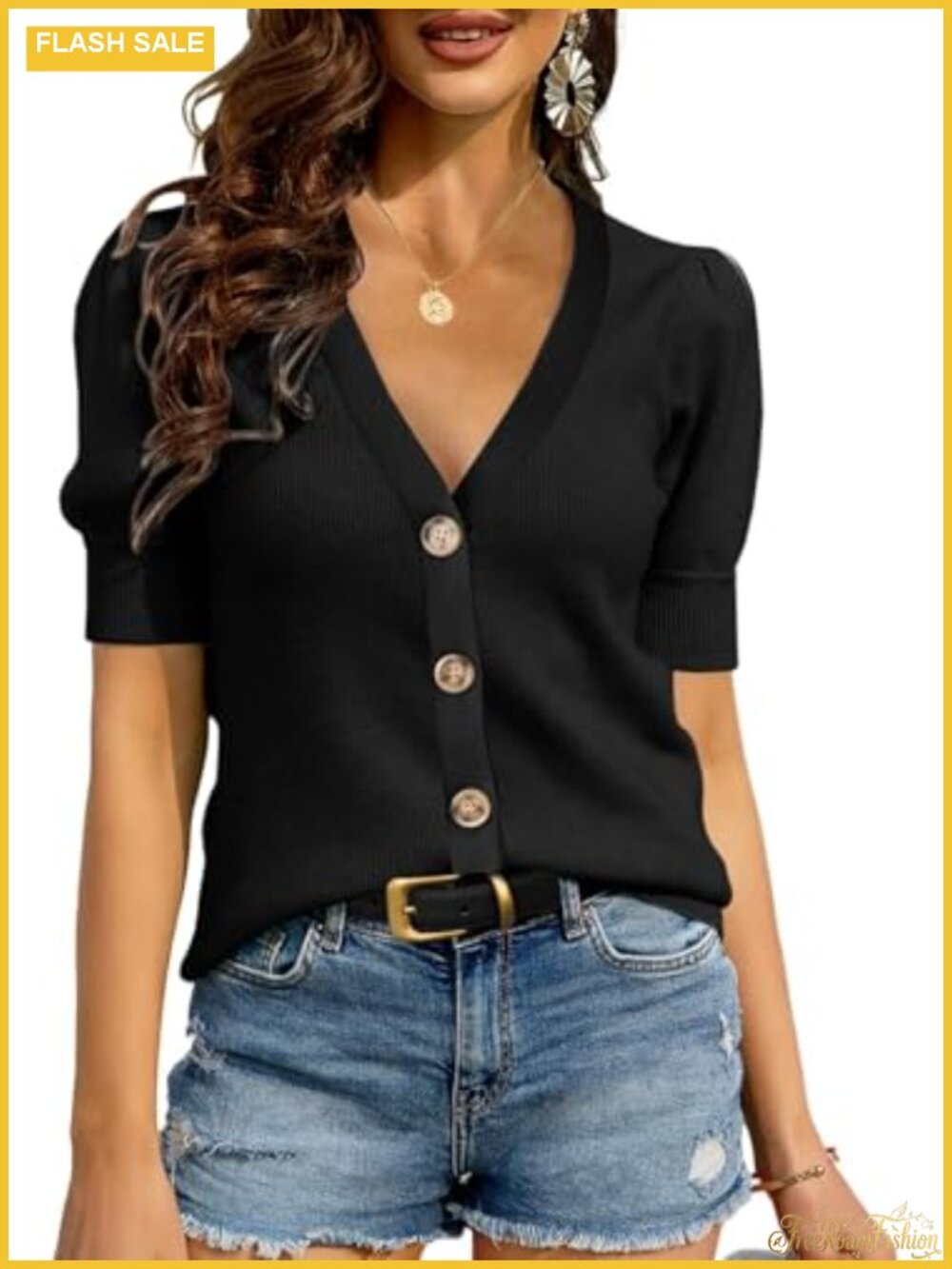 Women's Puff Short Sleeve Ribbed Knit Sweater Button Down Cardigan